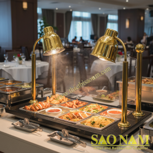 Đèn Hâm Nóng Thức Ăn 2 Bóng Inox Vàng Mặt Đá Chữ Nhật Đen SN#520817