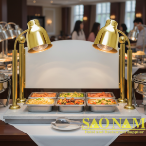 Đèn Hâm Nóng Thức Ăn 2 Bóng Inox Vàng Mặt Đá Chữ Nhật Trắng SN#520816