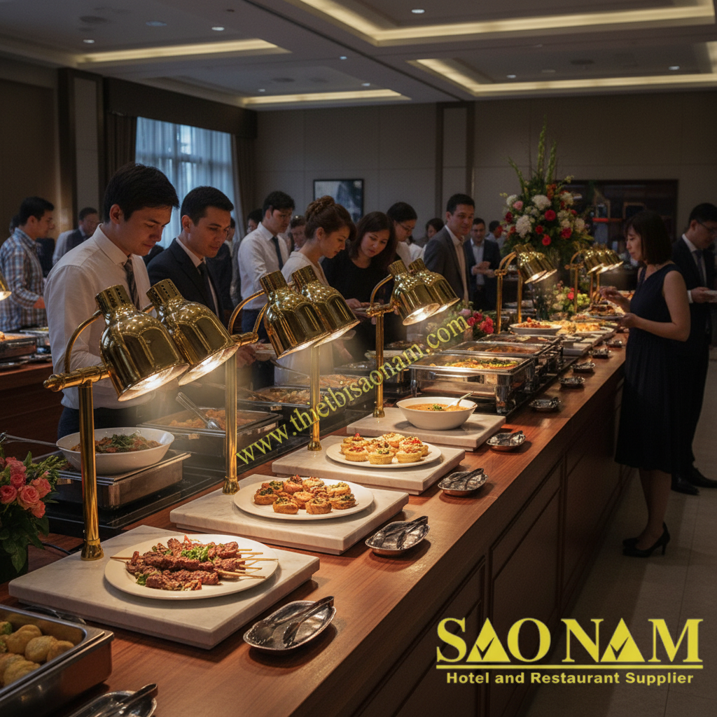 Đèn Hâm Nóng Thức Ăn Inox Vàng Đế Đá Trắng 2 Bóng Kép SN#520813