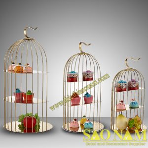 Kệ trưng bày thức ăn buffet lồng chim mạ vàng