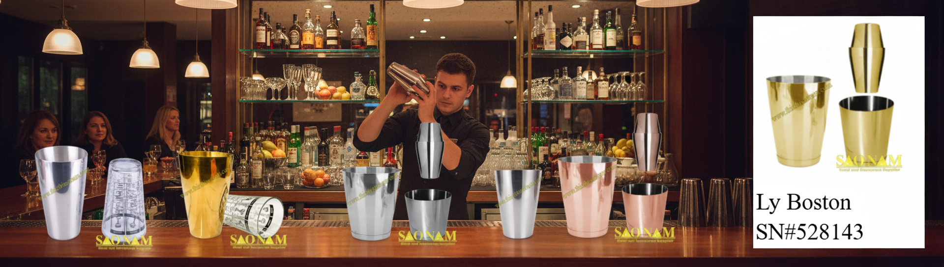 Bộ sưu tập ly Boston shaker cao cấp với 7 mã sản phẩm đa dạng về chất liệu, màu sắc và dung tích, bao gồm SN#528140, SN#528140/1, SN#528139, SN#528141, SN#528142, SN#528143, SN#528144