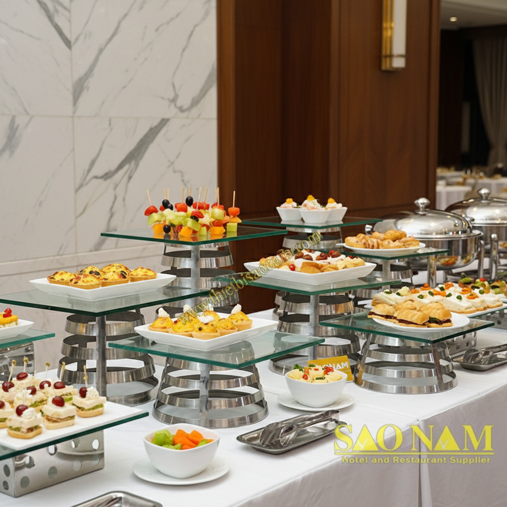 Kệ trang trí buffet vuông và tròn: Chọn kiểu nào cho bàn tiệc của bạn?